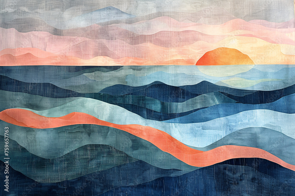 Abstract textured seascapes with sun, clouds, and coastal scenes. Illustration for interior design Abstract textured seascapes with sun, clouds, and coastal scenes. Illustration for interior design