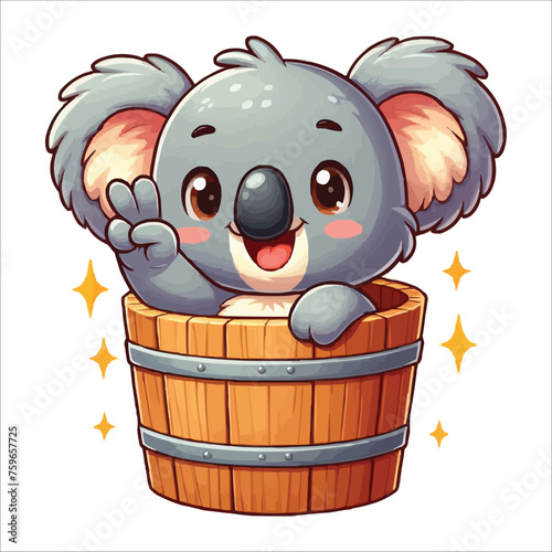 Cheerful koala in a wooden bucket cartoon vector illustration