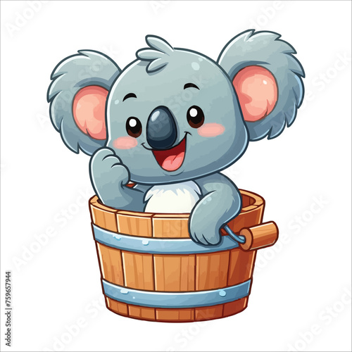 Cheerful koala in a wooden bucket cartoon vector illustration