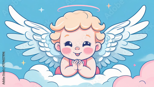 An angel with white wings on a soft cloud, vanilla-pink-blue background color scheme.