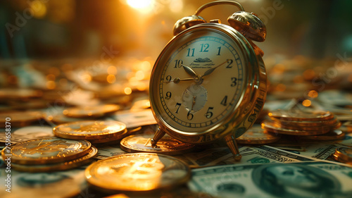 time is money concept, old vintage clock surrounded by money, dollar, coins, 