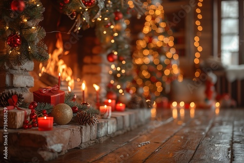 fireplace with christmas decorations, cosy home interior background Table top with blurred fireplace, fireplace, fireplace