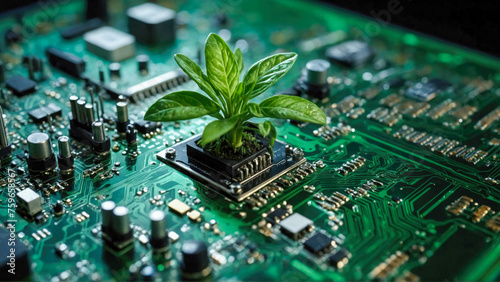 Green plant growing on circuit board with microchips, close up