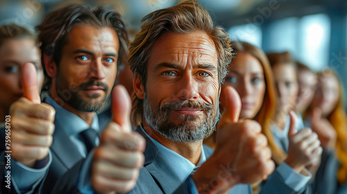 Portrait of a group of business people standing together and showing thumbs up
