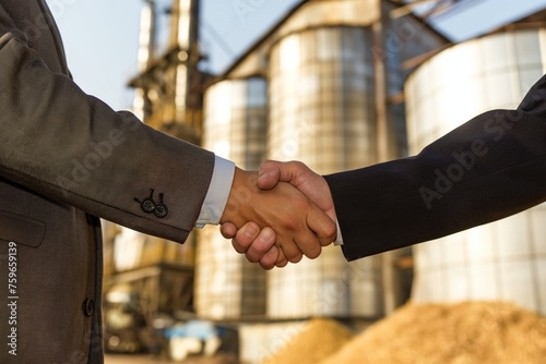 Two businessmen shaking hands in a field, with grain silos in the background