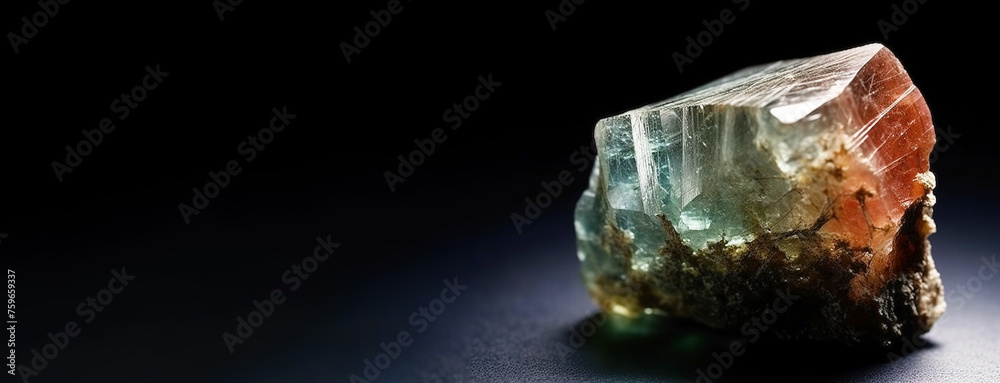Diaspore is a rare precious natural stone on a black background. AI generated. Header banner mockup with space.