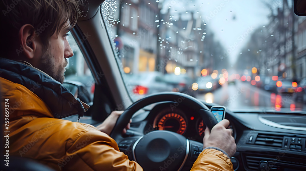 Man driving a car in city streets, driver, taxi, driver's point of view