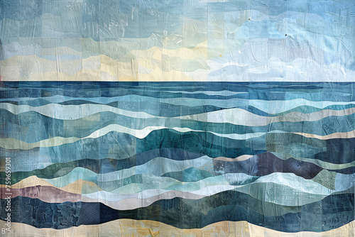 Abstract textured seascapes with sun, clouds, and coastal scenes. Illustration for interior design