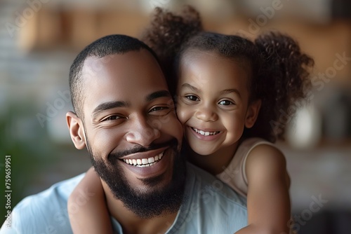 Happy father, kiss and piggyback child in home, bonding and having fun together. Smile, dad and carrying girl with care, love and support, play and enjoying quality time in living room with family photo