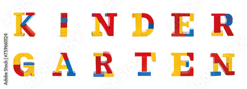 Kinder garten in 3D colorful font from wooden toy blocks