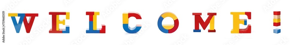 WELCOME! in 3D colorful font from wooden toy blocks WELCOME! in 3D colorful font from wooden toy blocks