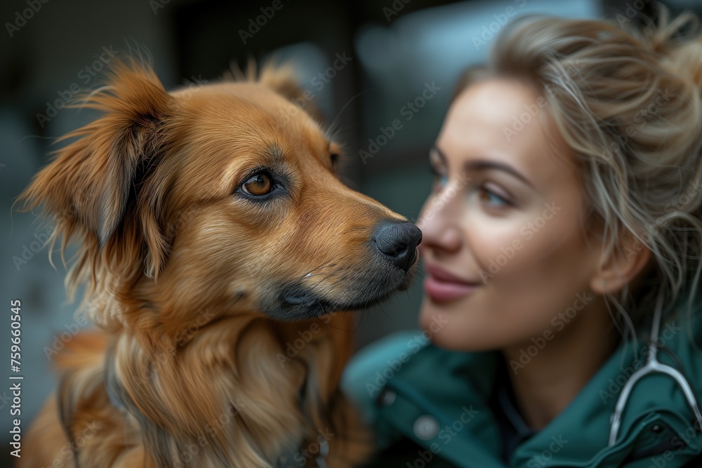 Thoughtful young woman in green jacket gazing lovingly at her brown-haired dog, expressing heartfelt connection
