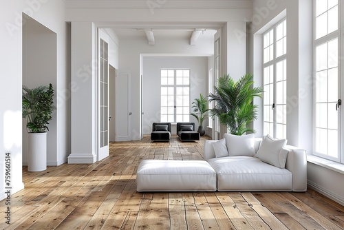 Interior of a contemporary white living room with a white sofa  small entrances  and a wooden floor. Two mock up black armchairs.