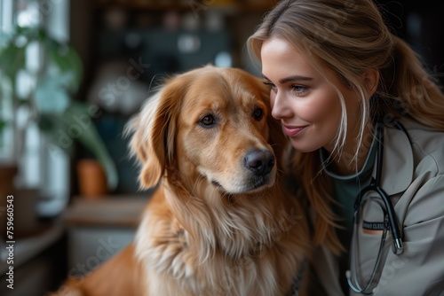 A blonde veterinarian shares a loving moment with a golden retriever under her care, illustrating trust and compassion