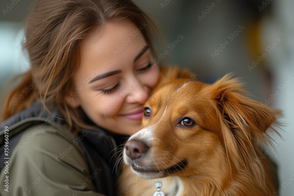 Close-up shot of a young brunette woman warmly cuddling her loving ginger-colored dog
