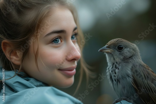 Smiling young woman in a gentle outdoor moment, holding a wild bird with care and curiosity © Jelena