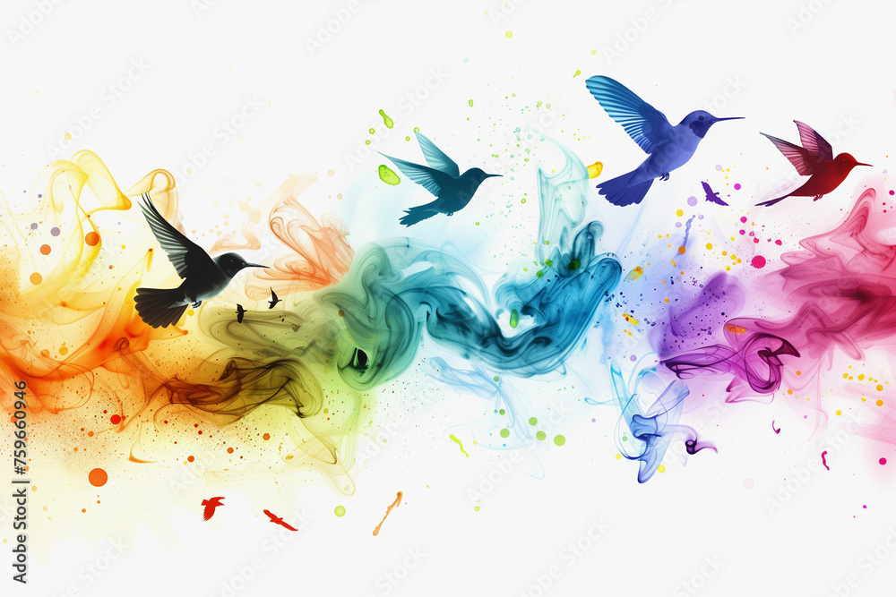 A spectrum of colorful birds soars through a smoky abstract haze