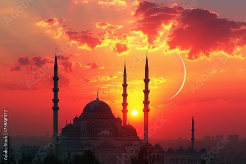 Majestic Ramadan Kareem Greeting With Crescent Moon Over Mosque at Sunset