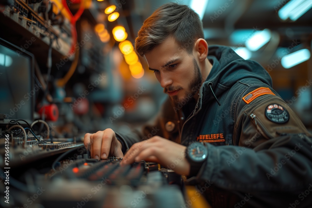 A DJ deeply engaged in mixing tracks on a sound console, highlighting the energy and rhythm of music