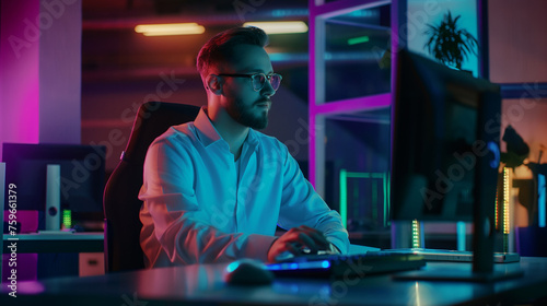 cyber security expert data scientist or software engineer sitting in office working on laptop or computer, Businessman sitting at desk working in office.