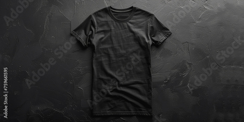 Fashionable black cotton T-shirt on a blank black background.