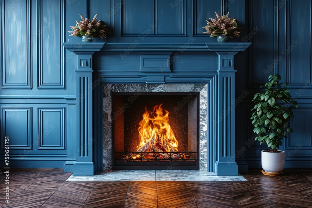 Large traditional fireplace with roaring fire. Empty mantle piece ...