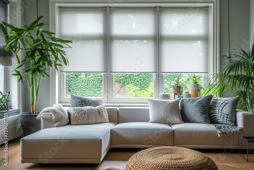 Interior roller blinds are installed in the living room, featuring white colored roller shades on the windows. Within the same room, there are also a houseplant and a sofa present.