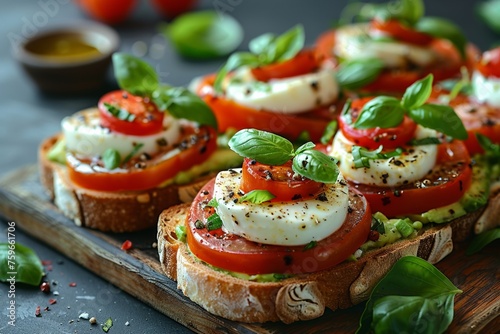Delicious Italian appetizer with mozzarella, tomatoes and basil on crusty bread. photo