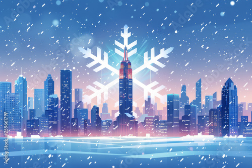 City in snow with big snowflake sign in sky