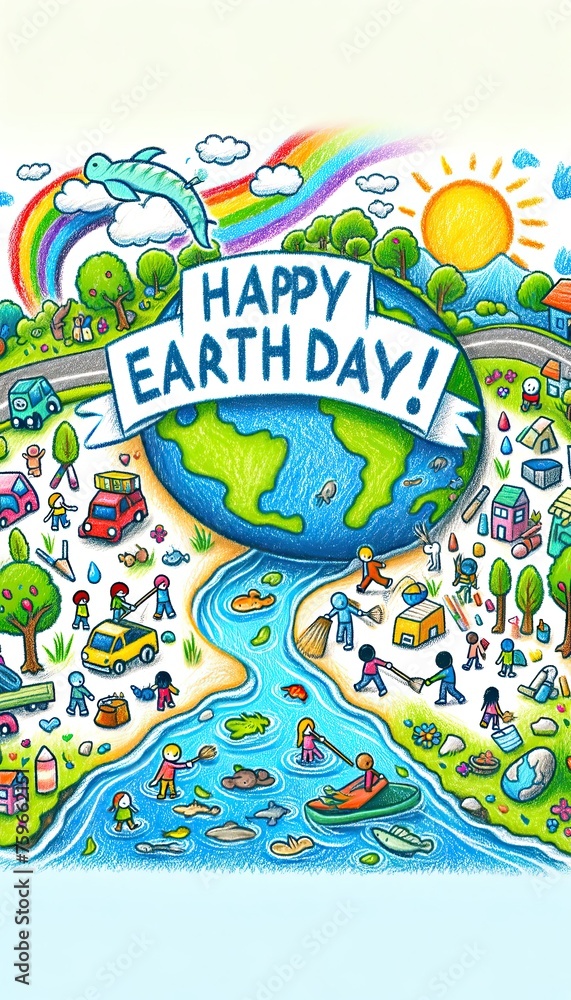 Whimsical Earth Day Illustration Celebrating Water Conservation