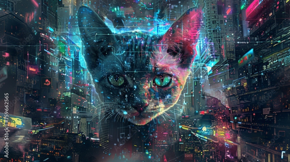  A futuristic extraterrestrial cat portrait pixelated neon colors, her appearance exudes advanced technology and alien beauty, set against a cyberpunk cityscape, creating a futuristic cyberpunk feel - obrazy, fototapety, plakaty 