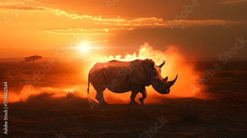 Majestic rhino silhouetted against sunset in the savannah. wildlife beauty captured in golden light. perfect for nature themes and environmental art. AI