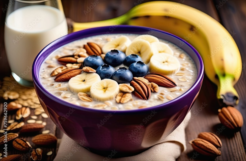 Breakfast: oatmeal with bananas, blueberries, nuts Breakfast: oatmeal with bananas, blueberries, nuts
