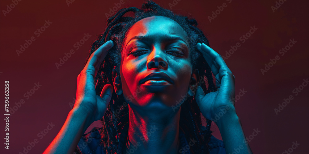A woman with a serene expression is bathed in vibrant neon light, evoking a sense of introspection and mood