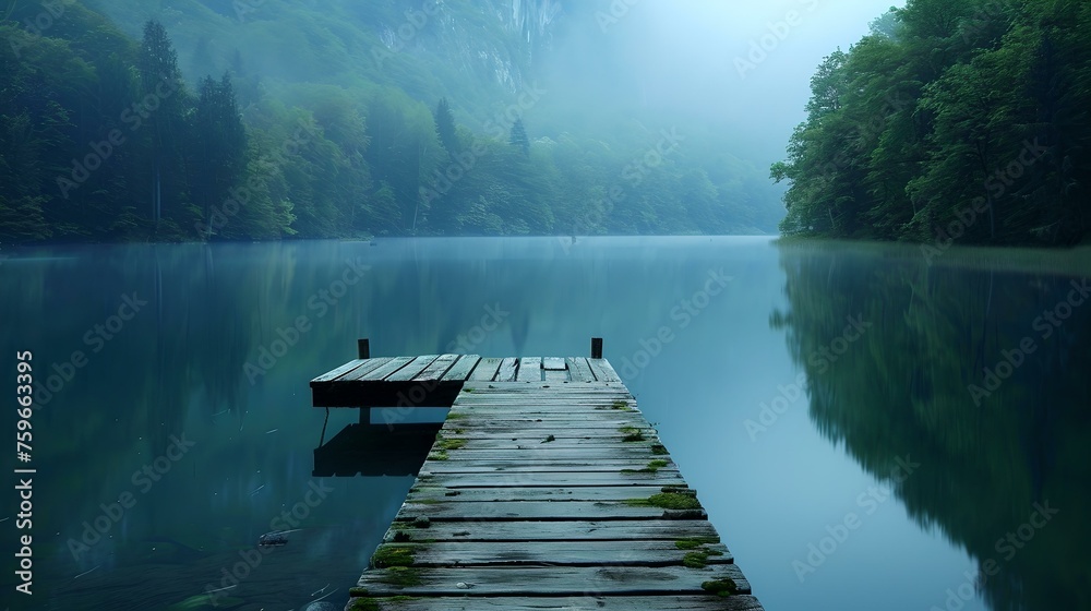 Serene lake dawn, misty waters and tranquil pier. peaceful nature scene, solitude concept. perfect for meditation backdrop. AI