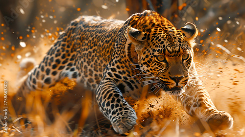 Leopard in Full Motion, Hunting its Prey in the African Savannah, Generative Ai © wannapong