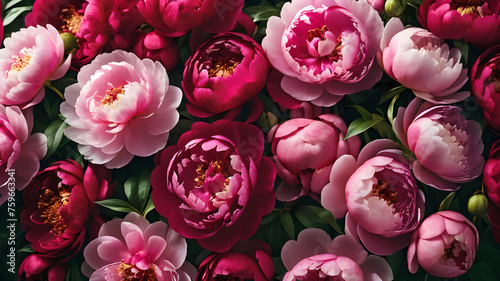 Fototapeta Naklejka Na Ścianę i Meble -  Pink peonies background, Top view. 