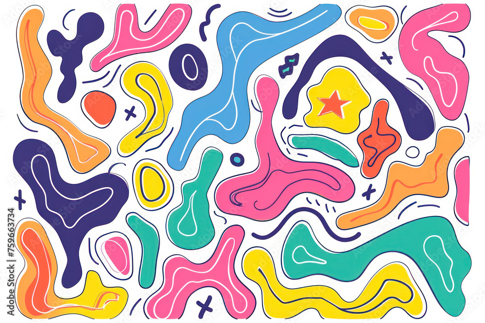 Fun colorful abstract line doodle shape set.