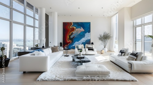 Cerulean Tapestries and Abstract Fluid Dynamics in a Spacious Modern Living Room