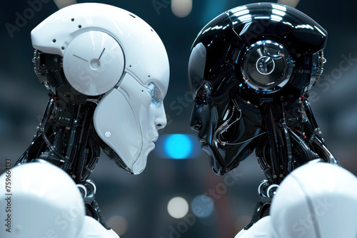 Two futuristic opposite ai robots. Battle of good and bad artificial intelligence robot photo