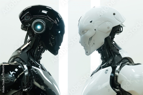 Two futuristic opposite ai robots. Battle of good and bad artificial intelligence robot photo