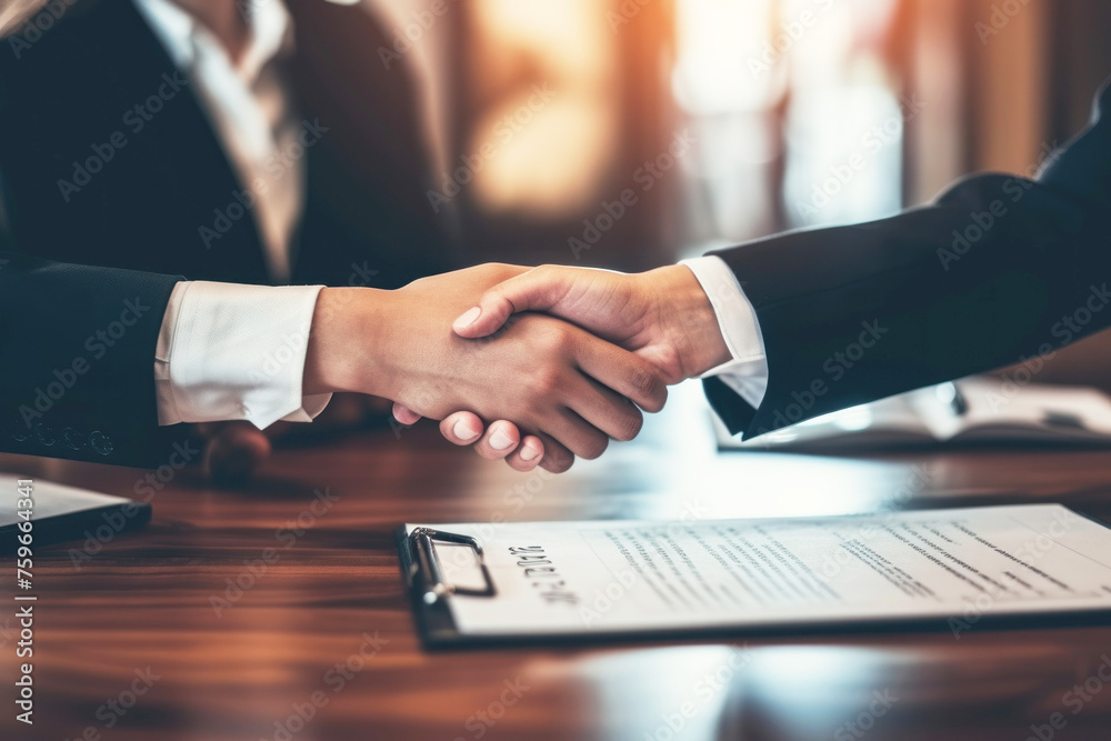 Close up image of two business people shaking hands after signing a contract while sitting at the wooden desk Close up image of two business people shaking hands after signing a contract while sitting at the wooden desk
