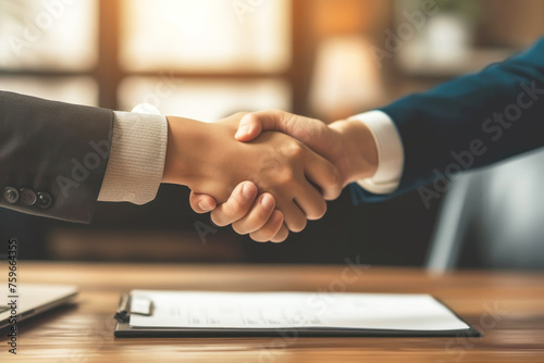Close up image of two business people shaking hands after signing a contract while sitting at the wooden desk