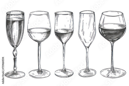Set of glasses goblets in ink hand drawn style. isolated on white.