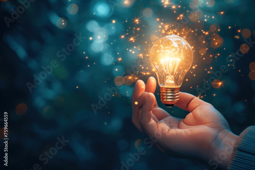 Hand holding glowing light bulb with sparkling light