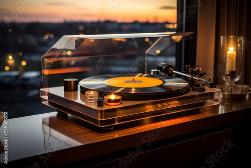 Vintage vinyl record player with warm lamp backlight and vinyl disc for music lovers and collectors