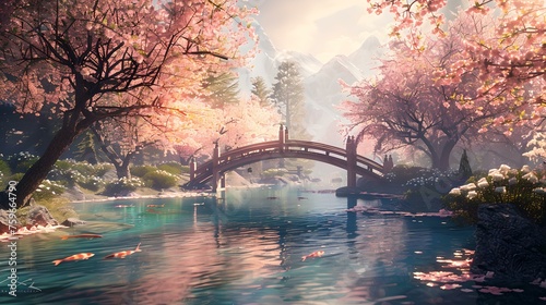Serene sakura blossoms over tranquil water with arched bridge. idyllic scenery in soft light. captivating spring landscape for calm backgrounds. AI