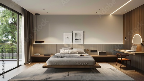 Modern style large bedroom with a floating bed frame and a study area furnished with a minimalist desk and a task lamp for focused work