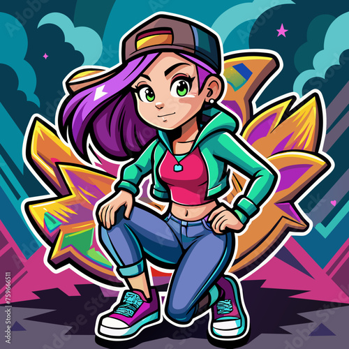  Illustrate a sticker of a trendsetting girl striking a dynamic pose amidst a graffiti-filled urban landscape  capturing the essence of street style for t-shirt embellishments
