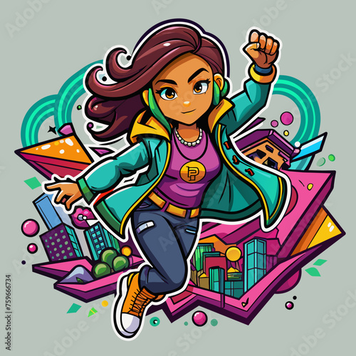  Illustrate a sticker of a trendsetting girl striking a dynamic pose amidst a graffiti-filled urban landscape, capturing the essence of street style for t-shirt embellishments © amanmalik